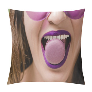 Personality  Cropped Image Of Girl With Purple Lips Biting Macaron Pillow Covers