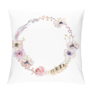 Personality  Watercolor Floral Wreath. Watercolour Natural Frame: Leaves, Fea Pillow Covers