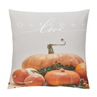 Personality  Beautiful Autumnal Decoration With Pumpkins And Firethorn Berries On Table With OCTOBER LOVE Lettering Pillow Covers