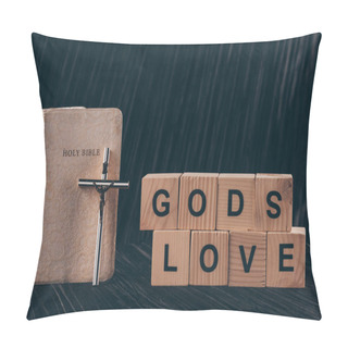 Personality  Wooden Cubes With Words Gods Love And Bible On Black Table Pillow Covers