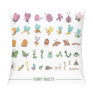 Personality  Set Of Vector Hand Drawn Flat Insects. Funny Bugs Collection. Pillow Covers