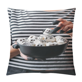 Personality Cropped Shot Of Woman Holding Bowl Of Marshmallows With Skull Faces, Halloween Concept Pillow Covers