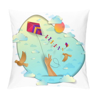 Personality  Hand Holding Kite Over Cloudy Sky Birds Flying And Sun, Freedom And Easiness Emotional Concept, Vector Modern Style Paper Cut 3d Illustration. Pillow Covers