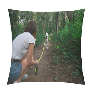 Personality  Beautiful Woman Walking Her Dog Pillow Covers
