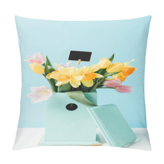 Personality  Close Up View Of Beautiful Bouquet Of Flowers With Blank Chalkboard In Birdhouse On Wooden Tabletop Isolated On Blue Pillow Covers