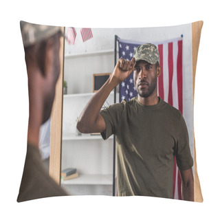 Personality  Confident African American Man In Camouflage Clothes Posing By The Mirror Pillow Covers