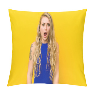 Personality  Young Blonde Woman Looking Shocked, Angry, Annoyed Or Disappointed, Open Mouthed And Furious Against Yellow Wall Pillow Covers