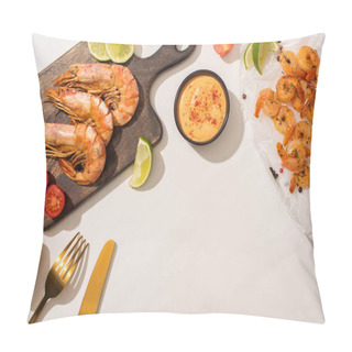 Personality  Top View Of Fried Shrimps On Parchment Paper And Wooden Board Near Grilled Lemon, Sauce And Cutlery On White Background Pillow Covers