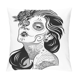 Personality Day Of Dead Girl Black And White Illustration Pillow Covers