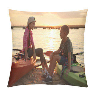 Personality  Happy Children Sitting On Kayaks Near River At Sunset. Summer Camp Pillow Covers