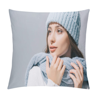 Personality  Beautiful Tender Girl Posing In Blue Knitted Hat And Scarf, Isolated On Grey Pillow Covers