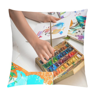 Personality  Selective Focus Of Female Hands Mixing Watercolor Paints In Palette And Hold Paper With Picture Pillow Covers