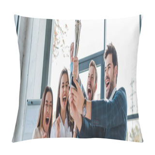Personality  Panoramic Shot Of Excited Multicultural Businesswomen And Businessmen Looking At Trophy In Office  Pillow Covers