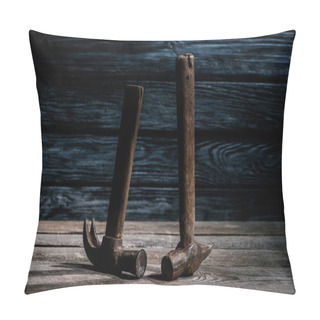 Personality  Close Up View Of Retro Hammers On Wooden Planks Surface Pillow Covers