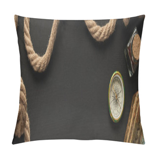 Personality  Top View Of Vintage Paper, Rope, Compass And Painting On Black Background, Panoramic Shot Pillow Covers