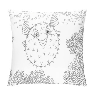 Personality  A Fish-hedgehog Swimming Over An Amazing Coral Reef In A Tropical Sea, A Black And White Vector Illustration In Cartoon Style For A Coloring Book Pillow Covers