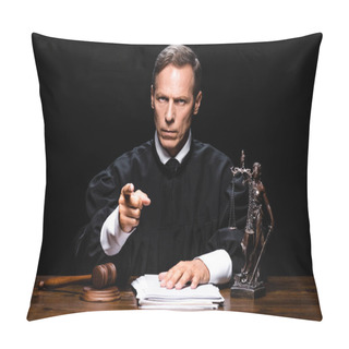 Personality  Judge In Judicial Robe Sitting At Table And Pointing With Finger Isolated On Black Pillow Covers