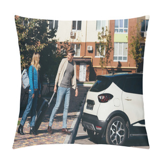 Personality  Couple Of Tourists With Backpack And Baggage Near Car On Street Pillow Covers