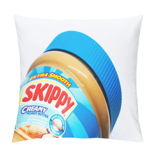 Personality  Umea, Norrland Sweden - February 20, 2021: A Jar Of Peanut Butter On A White Background  Pillow Covers