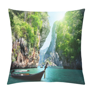 Personality  Long Boat And Rocks On Railay Beach In Krabi, Thailand Pillow Covers