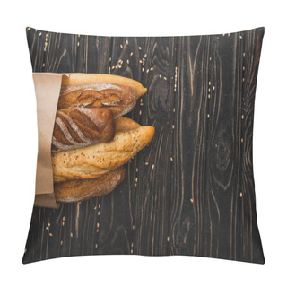 Personality  Top View Of Fresh Baked Baguette Loaves In Paper Bag On Wooden Black Surface Pillow Covers