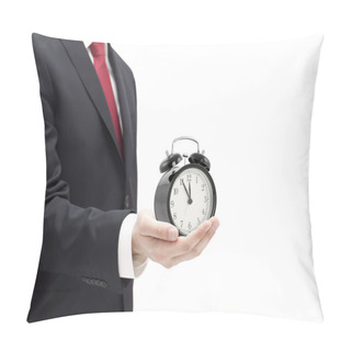 Personality  Businessman With An Alarm Clock In A Hand Isolated On White. Pillow Covers