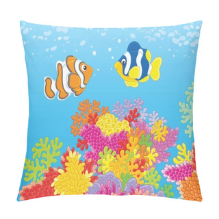 Personality  Vector Illustration Of Brightly Colored Fishes Swimming Over A Colorful Coral Reef In A Tropical Sea Pillow Covers