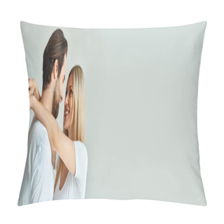Personality  A Man And A Woman Hold Each Other In An Intimate Moment, Showcasing The Romance Between Them, Banner Pillow Covers