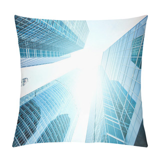 Personality  Panoramic And Prospective Wide Angle View To Steel Light Blue Background Of Glass High Rise Building Skyscraper Commercial Modern City Of Future. Business Concept Of Successful Industrial Architecture Pillow Covers