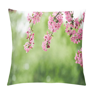 Personality Close-up Shot Of Pink Cherry Blossom On Green Natural Background Pillow Covers
