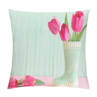 Personality  Pink Tulips In Vase On Wooden Background  Pillow Covers