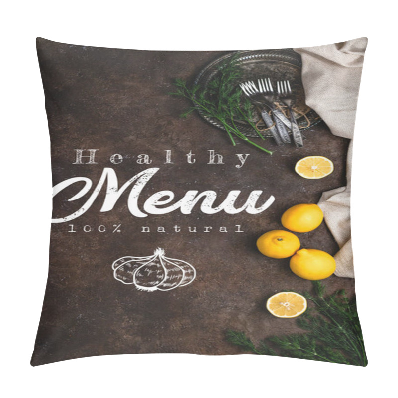 Personality  top view of vintage plate with fennel and forks on dark surface, healthy menu lettering pillow covers