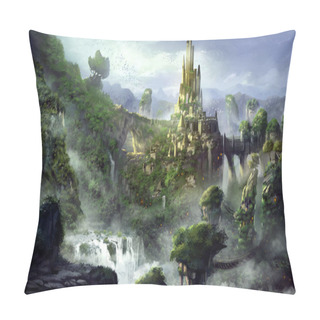 Personality  Castle Mountain With Fantastic, Realistic And Futuristic Style. Video Game's Digital CG Artwork, Concept Illustration, Realistic Cartoon Style Scene Design Pillow Covers