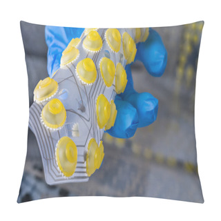 Personality  Silicone Flex Printed Circuit Board Curled To A Roll On Computer Keyboard Membranes Background. Engineer Hand In Blue Glove Holding Plastic Flexible PCB With Yellow Round Button Switches. Electronics. Pillow Covers