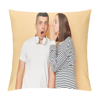 Personality  Shock, Gossip, Share Advice. Young Woman Whispering To Man On Ear, Brunette Guy With Open Mouth Excited And Surprised, Posing Isolated Over Beige Background Pillow Covers