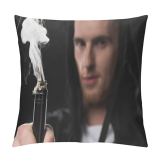Personality  Young Bearded Man Activating Electronic Cigarette Isolated On Black Pillow Covers