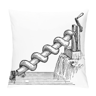 Personality  Archimedean Screw Or Screw Pump Is A Device For Transferring Water From A Lower Body Water From A Low-lying Body Of Water Into Irrigation Ditches, Vintage Line Drawing Or Engraving Illustration. Pillow Covers