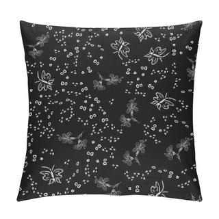 Personality Butterfly Seamless Outline Vector In Line Art Style On Black Background. Line Art Butterfly. Cartoon Animals, Flowers And Dots. Simple Design Seamless Pattern. Exotic Wallpaper. Abstract Pattern Pillow Covers
