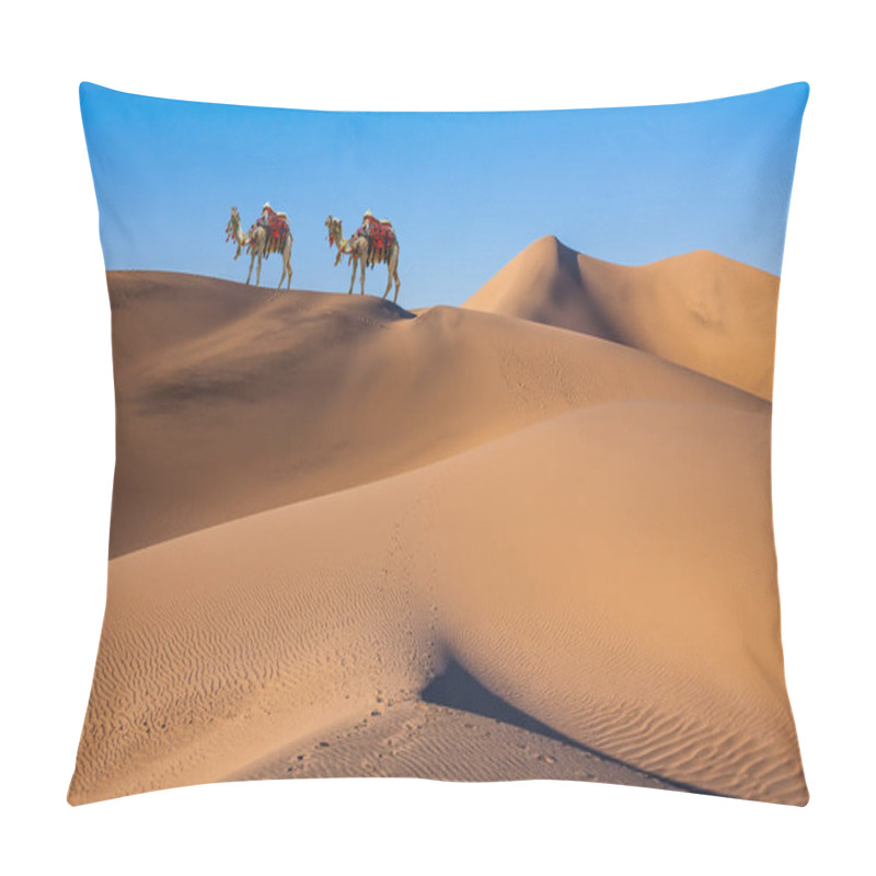 Personality  Magnificent Two One-humped Camel - Dromedar. Magical Desert Morning. The Camel Is Beautifully Decorated For Tourists To Have Fun And Take Pictures. The Concept Of Active And Photo Tourism Pillow Covers
