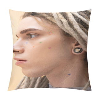 Personality  Portrait Of Young Queer Person With Tattoo On Face Looking Away Isolated On Yellow  Pillow Covers