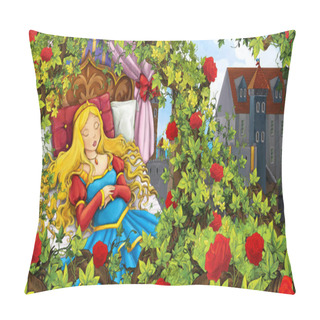 Personality  Cartoon Scene Of Rose Garden With Sleeping Princess Near Castle In The Background Illustration For Children Pillow Covers