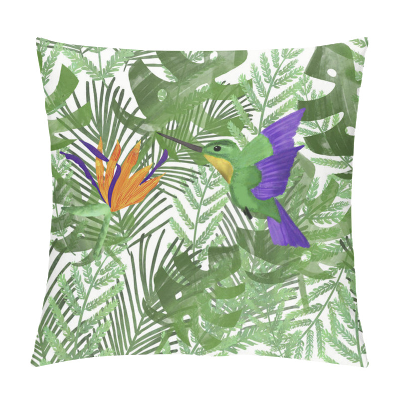 Personality  Hummingbird/colibri And Orange Strelitzia On Tropical Leaves. White Background. Tropical Summer Print. Packaging, Wallpaper, Stationery, Fabric, Textile Design Pillow Covers