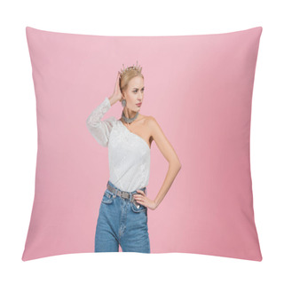Personality  Blonde Woman Adjusting Luxury Crown And Standing With Hand On Hip Isolated On Pink  Pillow Covers