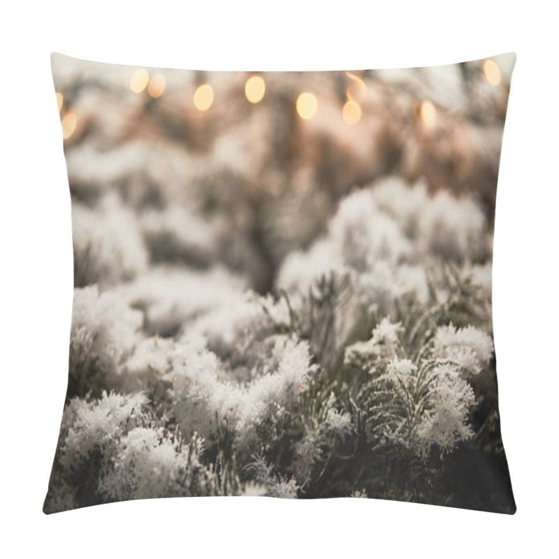 Personality  Close Up Of Spruce Branches In Snow With Blurred Christmas Lights Pillow Covers