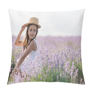 Personality  Brunette Girl In Straw Hat Looking Away In Field With Blooming Lavender Pillow Covers