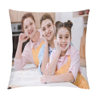 Personality  Three Generations Of Women In Aprons With Flour On Faces Standing In Row At Kitchen And Looking At Camera Pillow Covers