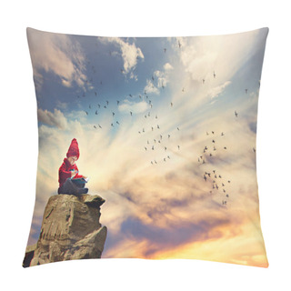Personality  Boy, Sitting On A Rock In The Sky, Birds Flying Around Him Pillow Covers