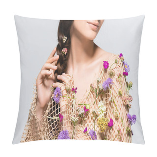 Personality  Partial View Of Beautiful Woman Touching Braid In Mesh With Spring Wildflowers Isolated On Grey Pillow Covers