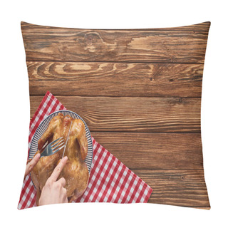 Personality  Cropped View Of Woman Cutting Roasted Turkey On Red Plaid Napkin On Wooden Table Pillow Covers
