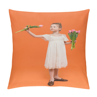 Personality  Bouquet Of Flowers, Preteen Girl In White Sun Dress Holding Pink Tulips On Orange Background, Fashion And Style Concept, Fashionable Kid, Vibrant Colors, Summer Fashion, Cute Kid  Pillow Covers